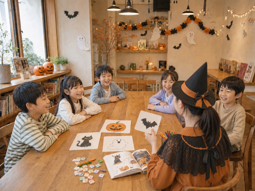 ハロウィン装飾のある教室で英語を楽しむ子どもたち